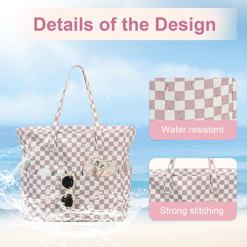 LEDAOU Beach Bag Waterproof Sandproof Women Beach Tote Pool Bag with Zipper for Swim Gym Grocery Travel with Wet Pocket