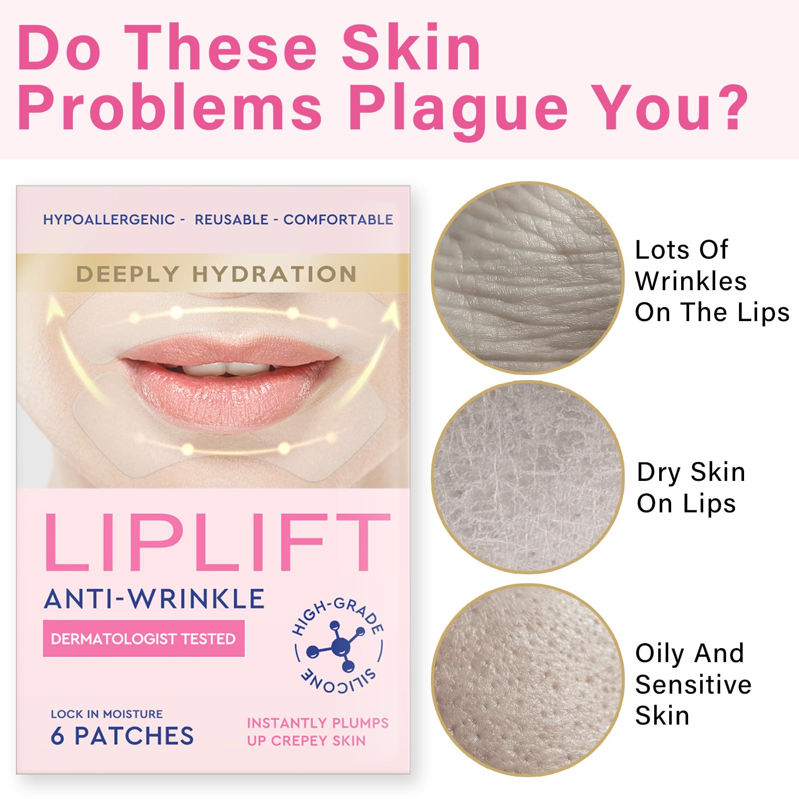UQWUQW Anti Wrinkle Patches for Lip - Overnight Smoothing Wrinkles - Anti-Wrinkle Silicone Facial Patches, Fine Lines Wrinkle Patches for Smile Line & Lip Area,6Pcs