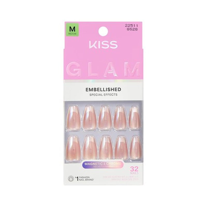 KISS GLAM Embellished Press On Nails, Dusk Mirage, Beige, Medium, Coffin, 32 Count