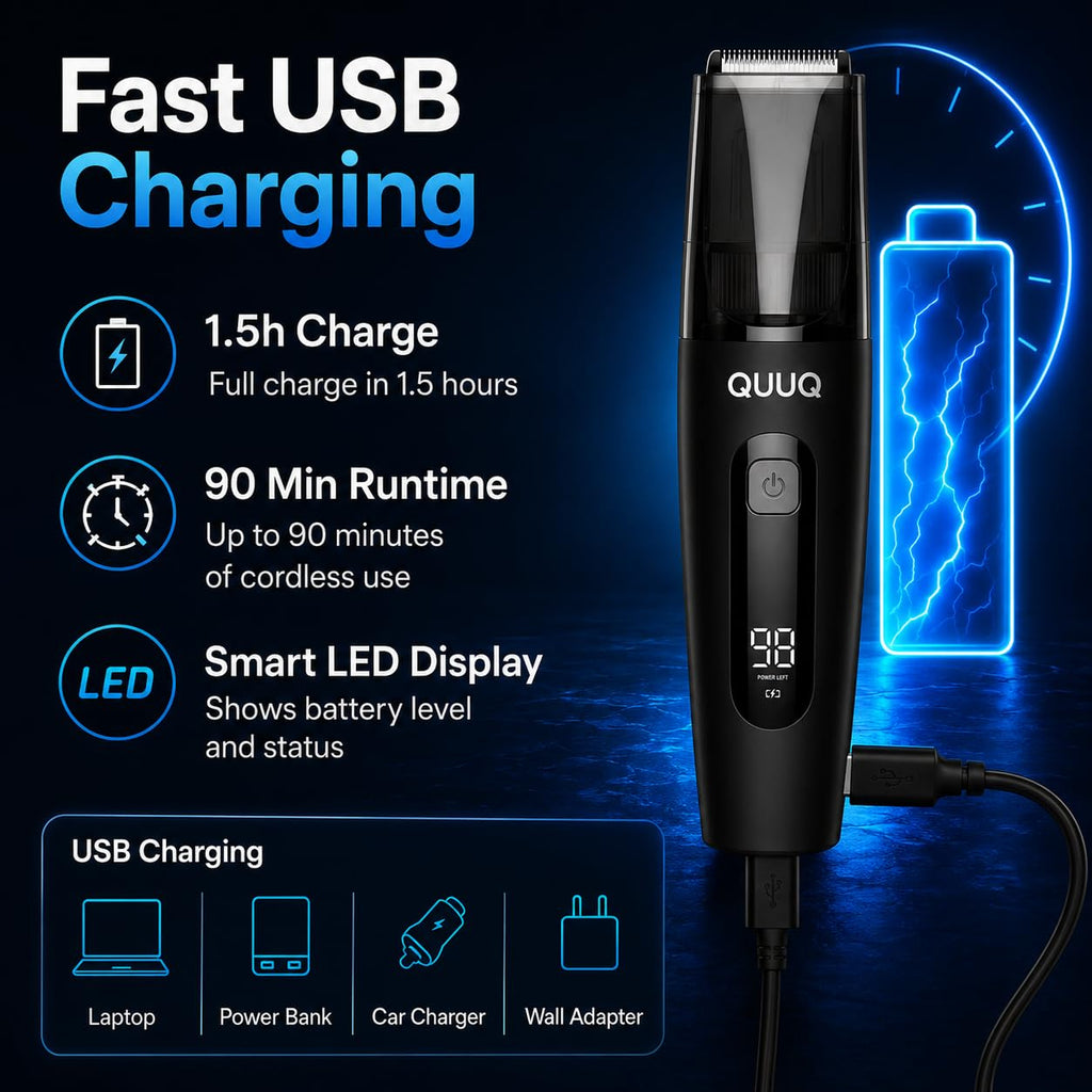 QUUQ Vacuum Beard Trimmer for Men, Cordless Electric Grooming Kit with Self-Collecting Hair Clipper, Adjustable 1–20mm Comb, IPX6 Waterproof, USB Rechargeable Mustache Trimmer