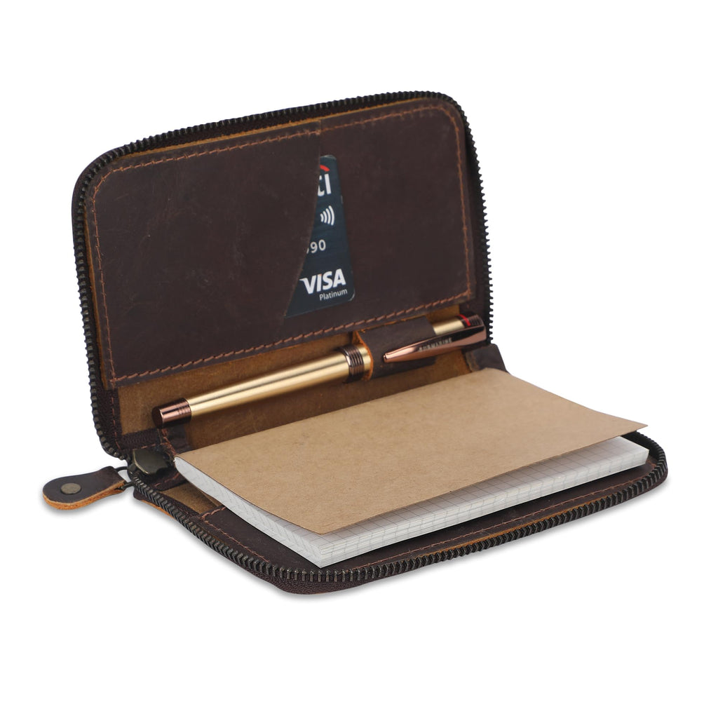 CestAntiQ Zippered Leather Pocket Notebook Cover 3.5x5.5 in., Brown