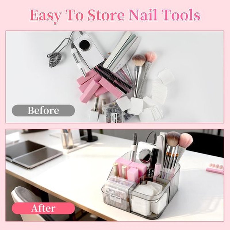 BQAN Transparent Acrylic Nail Desk Organizer, Drill & Brush Holder, Professional Storage Box for Nail Tools, Makeup, Eyeshadows, Skin Care
