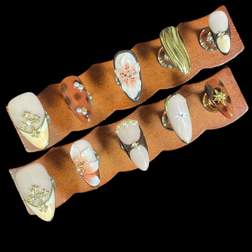 Handmade Press On Nails Medium Almond 10 Unique 3D Floral Designs Gold Filigree Crosses Caramel-Brown & Peach Blossoms | Reusable Acrylic False Nails for Women (Brown, L Size)