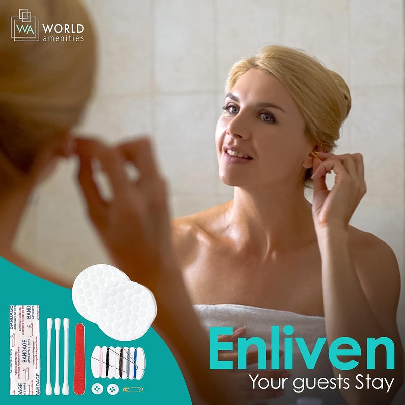World Amenities Necessities Grooming Vanity Kit | Hotel Amenities | Includes Sewing Kit, Nail File, Cotton Swabs, 2 Cotton Rounds and Band-Aid | Pack of 25 Kits