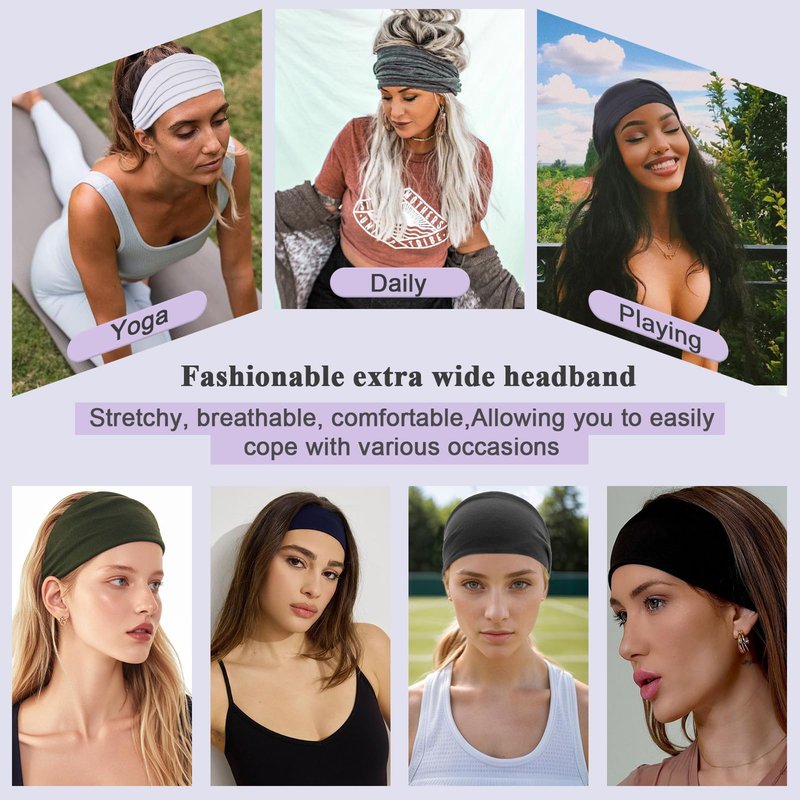 XTREND 6 Packs Wide Boho Headbands for Women Stretch Fashion Headband Extra Large Turban Headband for Yoga, Working Out, Travel or Running Black Hairband Girls Accessories (Black)
