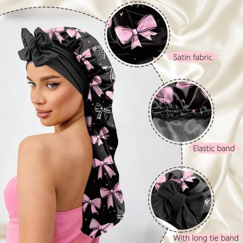 Cabreche Long Satin Hair Braid Bonnet for Sleeping Double Layer Soft Silk Lined Tie Band Wide Elastic Silky Nightcap for Women Girls Cute-Black Pink Bowknot