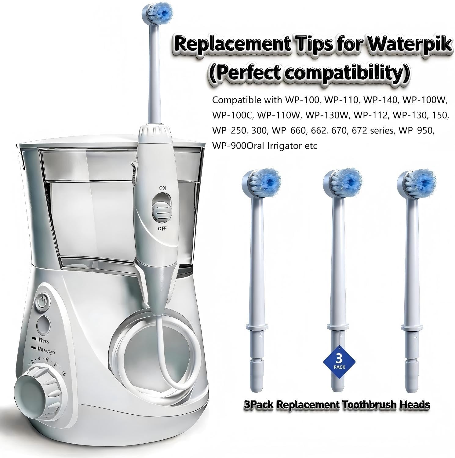 3Pack Replacement Toothbrush Heads for Waterpik Water Flossers, Replacement Picks Compatible with Waterpik, Replacement Heads for Water Pick flosser.(Assorted Brushhead, Random Delivery)