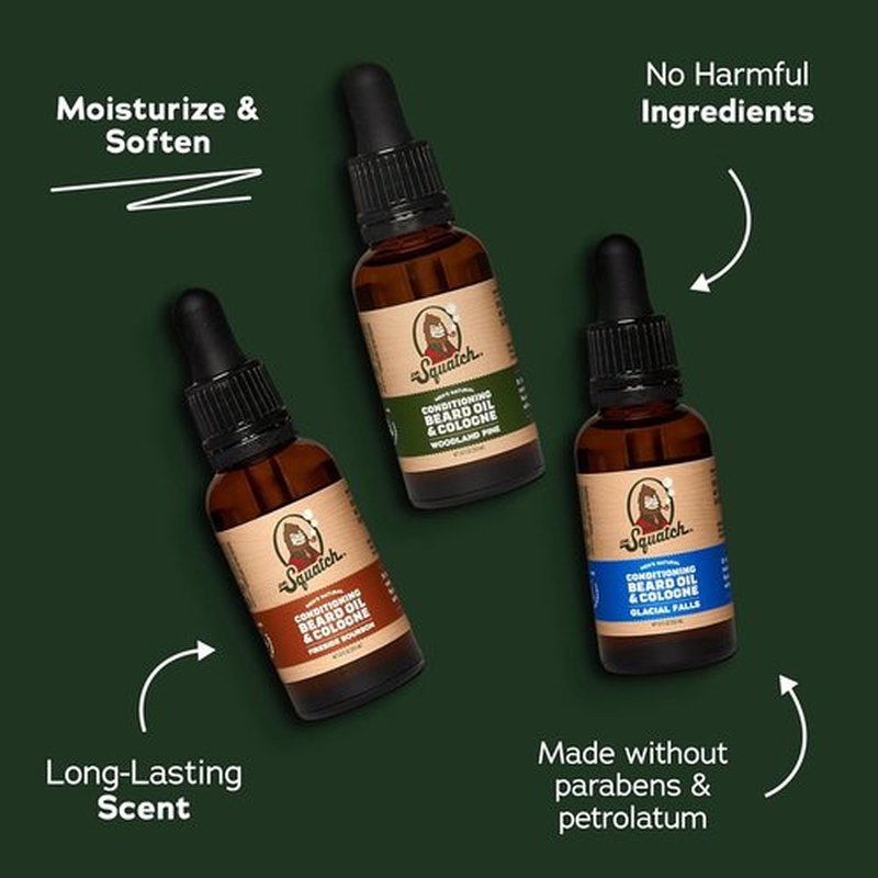Dr. Squatch Conditioning Beard Oil - Nourishing 3-Pack Gift Set | Long-Lasting Scents: Fireside Bourbon, Glacial Falls, Woodland Pine