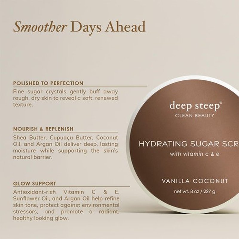 Deep Steep Sugar Scrub, Brown Sugar Vanilla, 8 oz – Exfoliating Body Scrub with Organic Coconut Oil, Shea Butter & Argan Oil – Vegan, Clean Beauty, Smooth, Soft & Nourished Skin