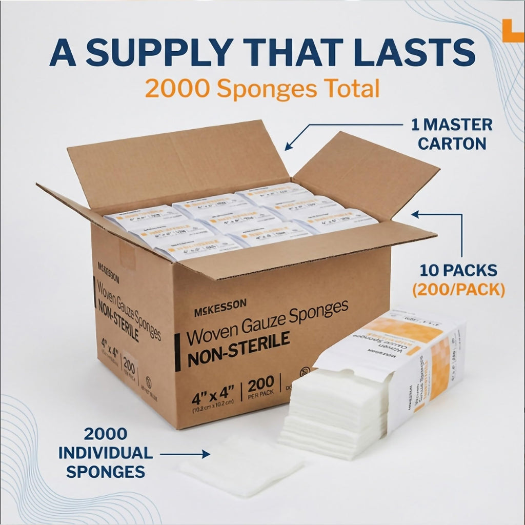 McKesson Non-Sterile Woven Gauze Pads 4x4 Inch [2000 Count] - 12-Ply 100% Cotton Breathable Woven Gauze Sponges for Wound Care & First Aid Medical Supplies