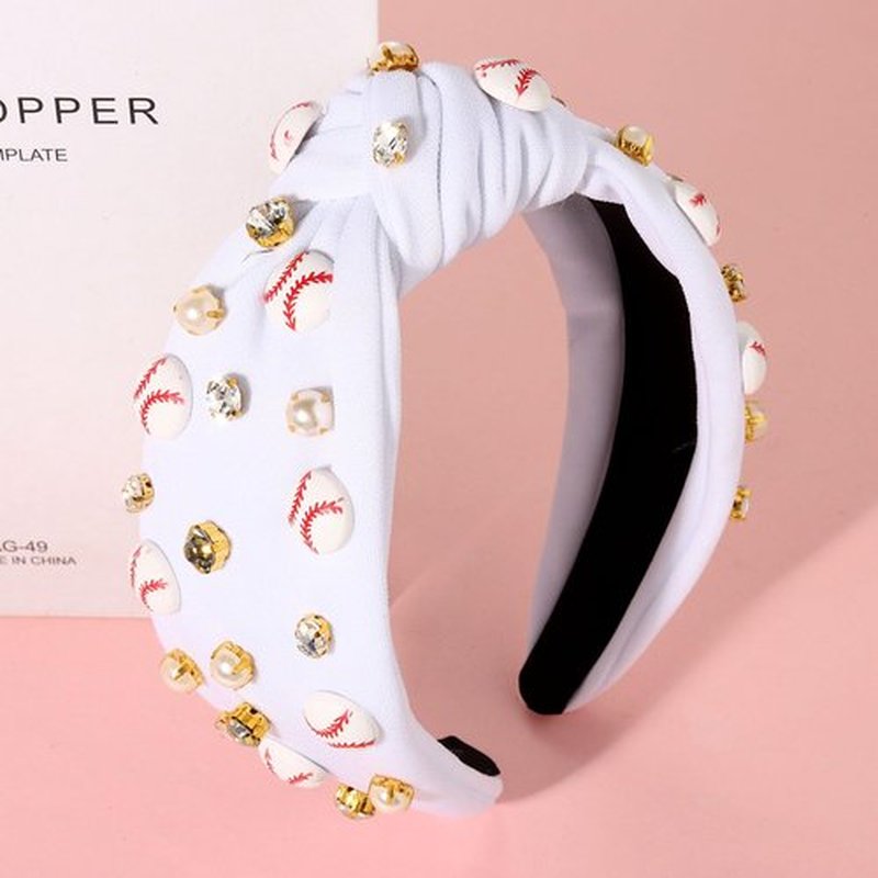 Baseball Headband for Women Crystal Pearl Knotted Headband Baseball Charms Rhinestone Beaded Embellished Headbands Wide Top Knot Game Day Hair Accessories Sports Fan Gifts (White Baseball)