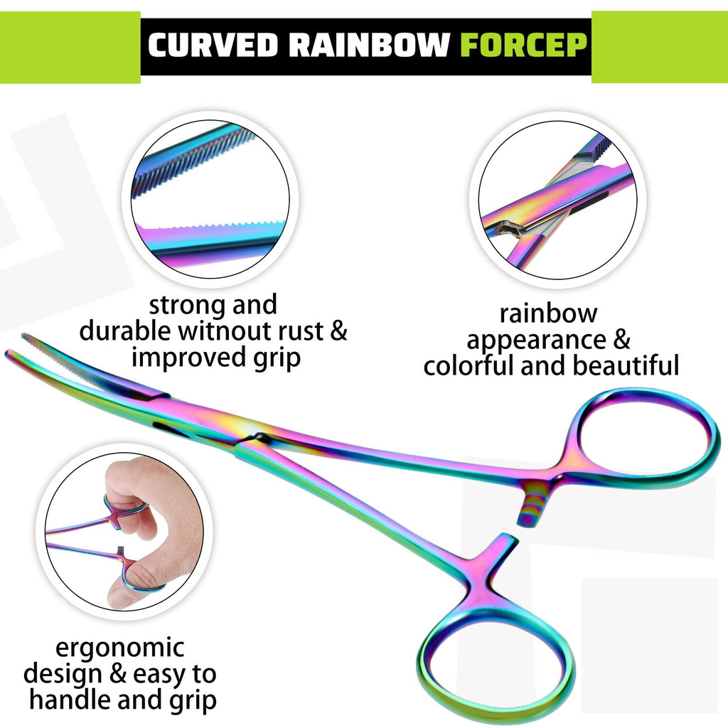 BBTO 2 Pieces Hemostat Curved and Straight Rainbow Hemostat Forceps Piercing Pliers Forceps, 7.1 Inch Stainless Steel Straight and Curved Pliers, Fishing Tweezer