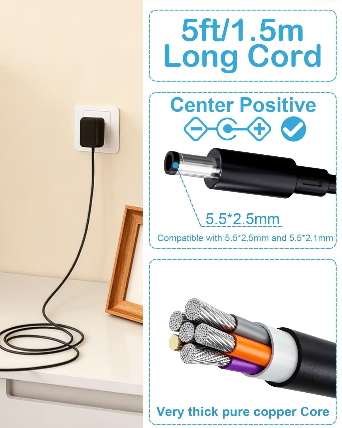 12V 3A Charger for Nekteck NK-FM-0301 Massager, Replacement Power Cord for Medcursor MDFM400 / RENPHO RF-FM059 RF-FM059R Foot Massager, for Zyllion Back and Neck Massager