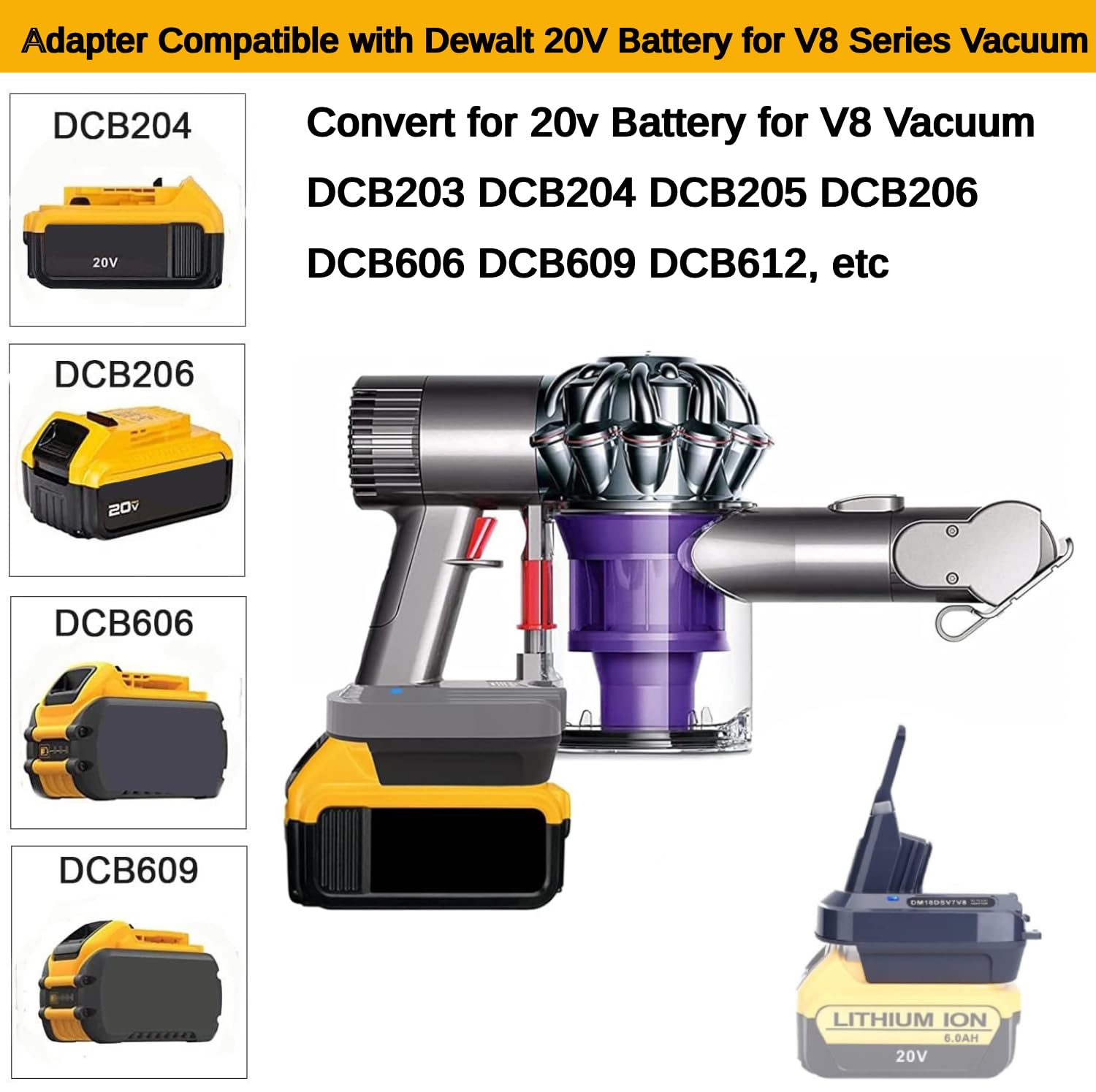 Swidan V7 V8 Battery Adapter Compatible with Dewalt 20V Battery Converted to Replacement for Dyson V7 V8 Battery SV10 SV11 Series Animal Absolute Motorhead Pro HEPA Cordless Stick Vacuum Cleaners