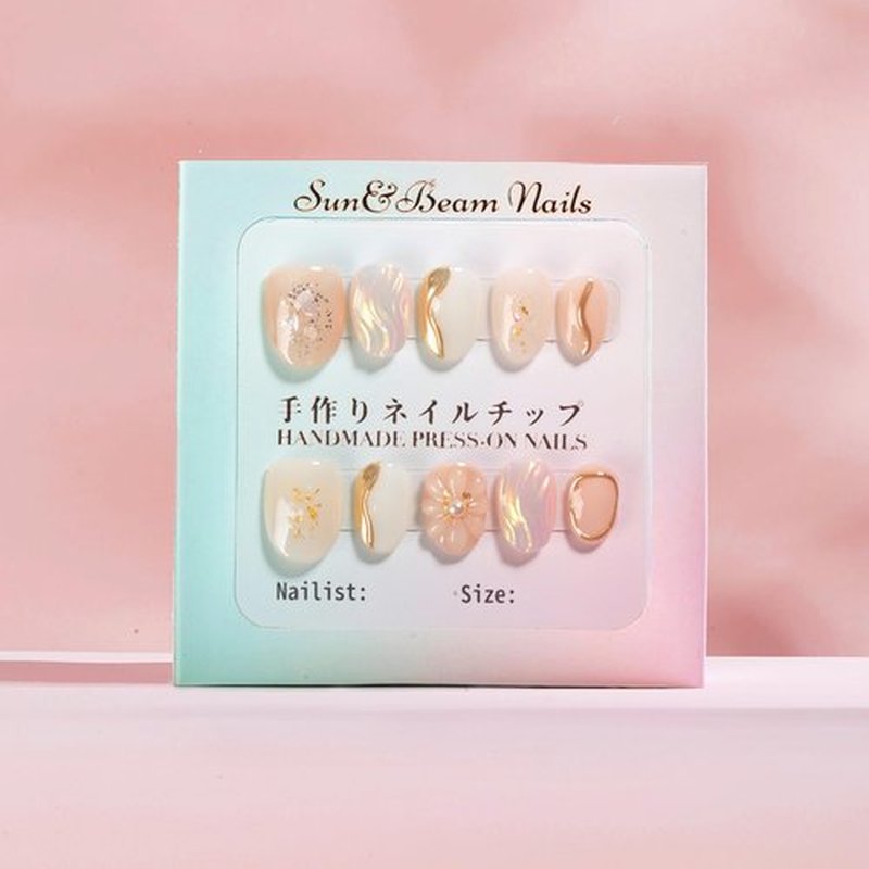 Sun&Beam Nails Handmade Press-on Short Round White Beige Gold 3D Mirror Pearl Design False Nail Tips 10 Pcs (#131 L)