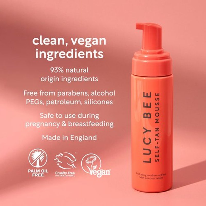 Lucy Bee Self Tan Mousse, Customizable Medium Self Tanning Foam, Natural Looking Tan, Quick-Drying, Dermatologist Approved for Sensitive Skin, Hydrating Coconut Water, Tropical Scent, 6.76 fl oz