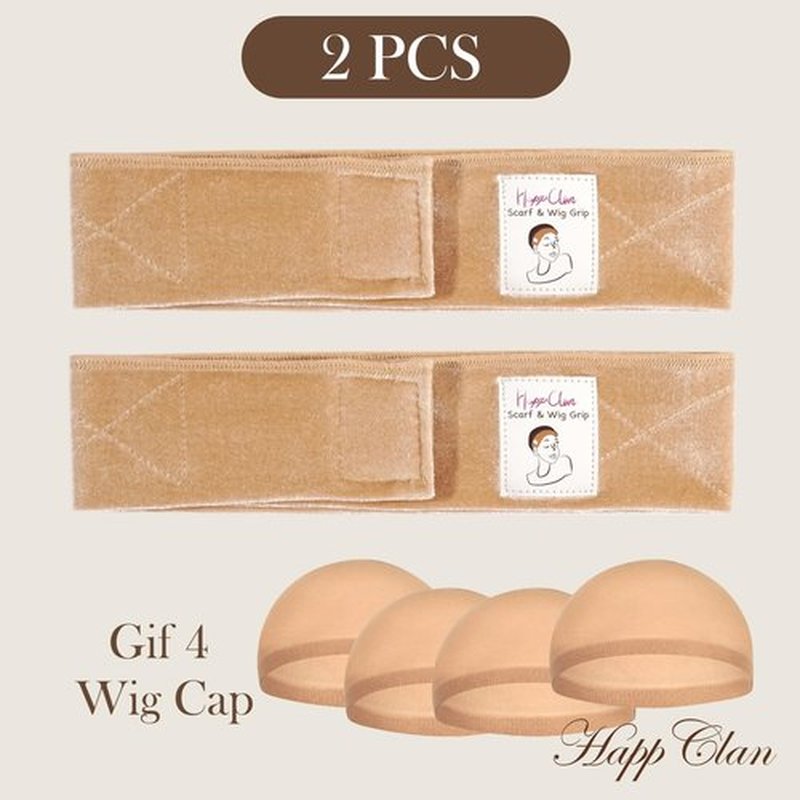 HappClan Velvet Wig Grip Bands - 2 Pcs Adjustable Non-Slip Headbands + 4 Pcs Caps for Women, All-Day Comfort Secure Wear Accessories (Beige)