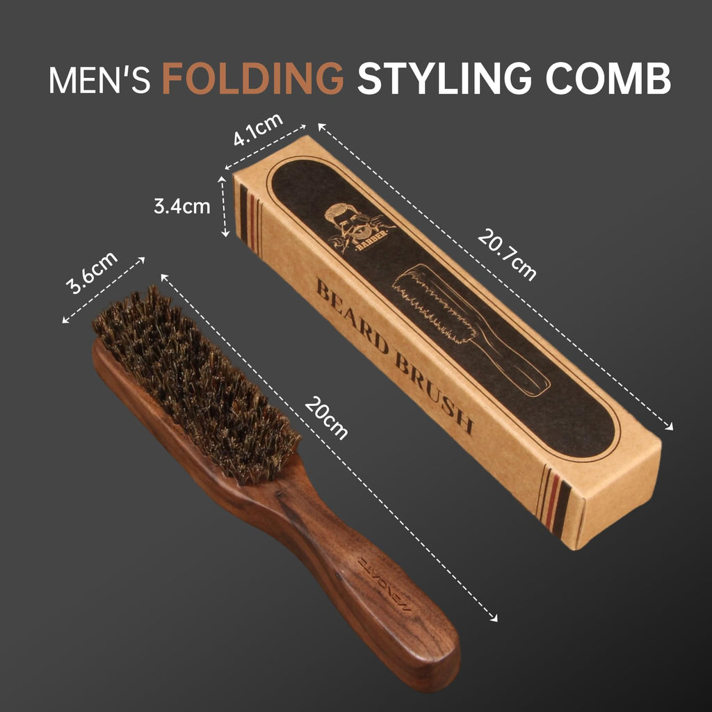 MenGate Boar Bristle Beard Brush for Men - Wooden Beard Brush and Slick Back Hair Brush with Metal Comb Keychain, Perfect for Home and Travel Use - Regular