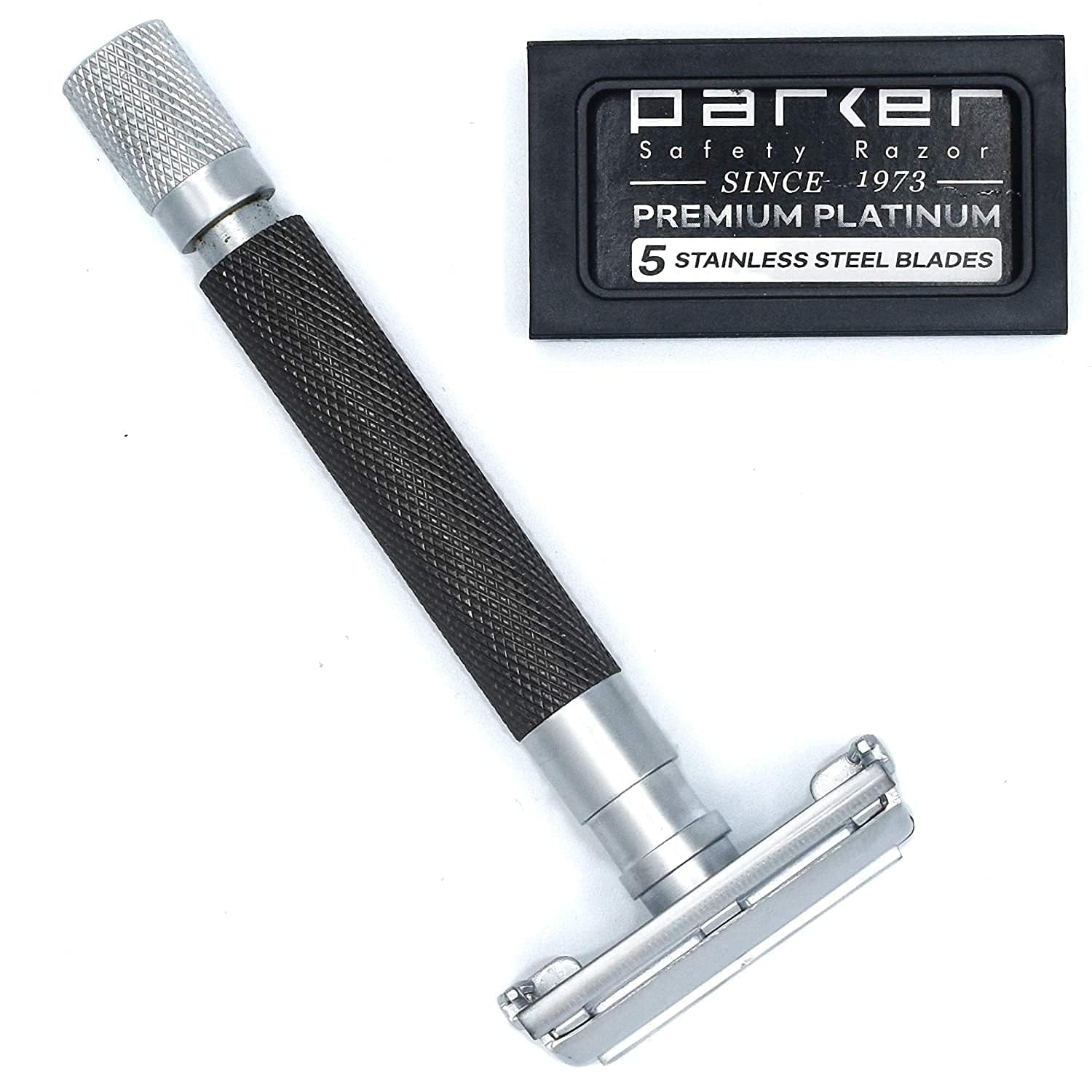 Parker 74R Graphite Gray – Long Handle Butterfly Open Safety Razor for Men | Heavyweight Double Edge Wet Shaving Razor with 5 Premium Blades