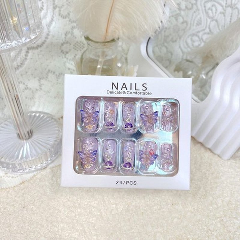 Purple Press on Nails Medium Coffin Fake Nails with Butterfly Bow Rhinestones Star Designs 3D Charm Decoration Handmade Nails Press ons Glitter Acrylic Glue on Nails for Women 24 Pcs