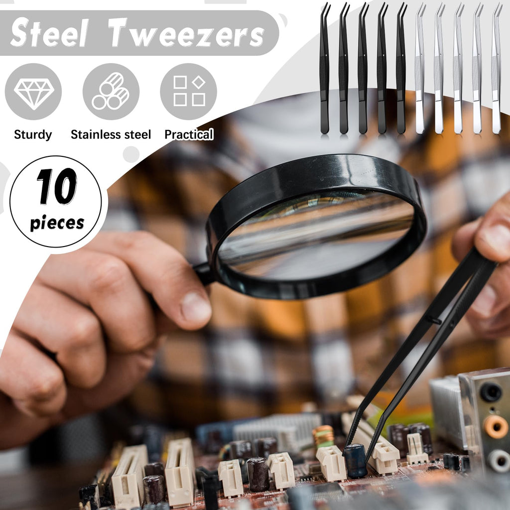 Honoson 10 Pcs Stainless Steel Tweezers for Crafting with Curved Serrated Tip Multipurpose Forceps Sewing Machine Tweezers Bulk (Silver,Black)
