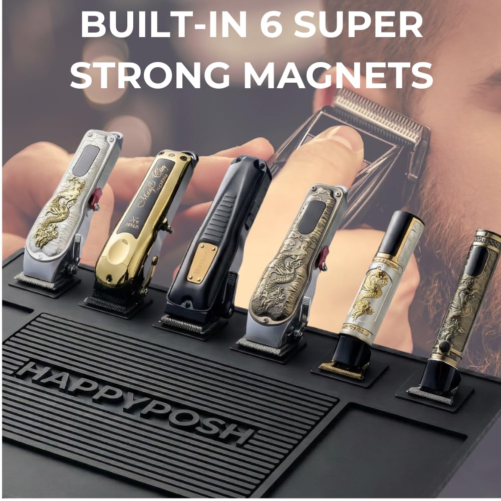 HAPPYPOSH Magnetic Barber Mat for Clippers, 20" x 14" Large Barber Station Organizer with 6 Strong Magnets, Non-Slip Heavy-Duty Rubber Mat, Keeps Tools Secure & Organized.Black