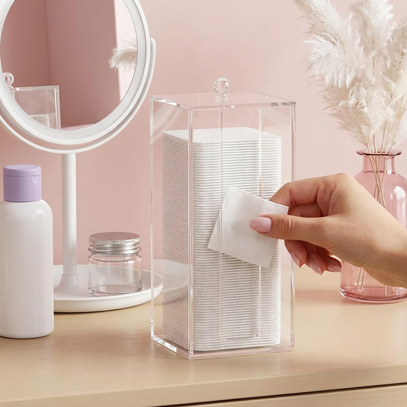 JHJFRAWY Acrylic Clean Pad Storage Box for Clean Skin Club, Cotton Pad Dispenser, Square Rounds Cotton Pad Holder (Pad Not Included) - Vertical with Lid