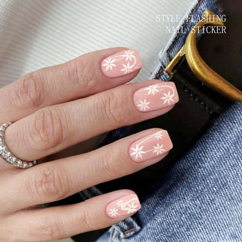JMEOWIO Gel Nail Stickers Cream Pink White Flower Semi Cured Gel Nail Strips Wraps UV/LED Nails Art Design Decoration Accessories