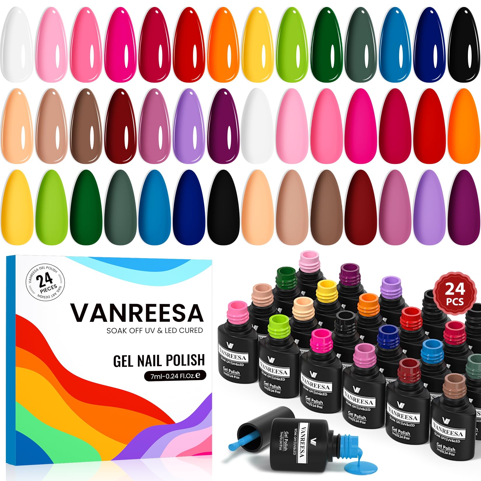 VANREESA 24 Pcs Gel Nail Polish Set, 21 Colors Gel Polish with Base Coat Glossy & Matte Top Coat Pink Red Orange Yellow Green Blue Purple brown Gel Polish Kit Nail Kit Gifts for Women