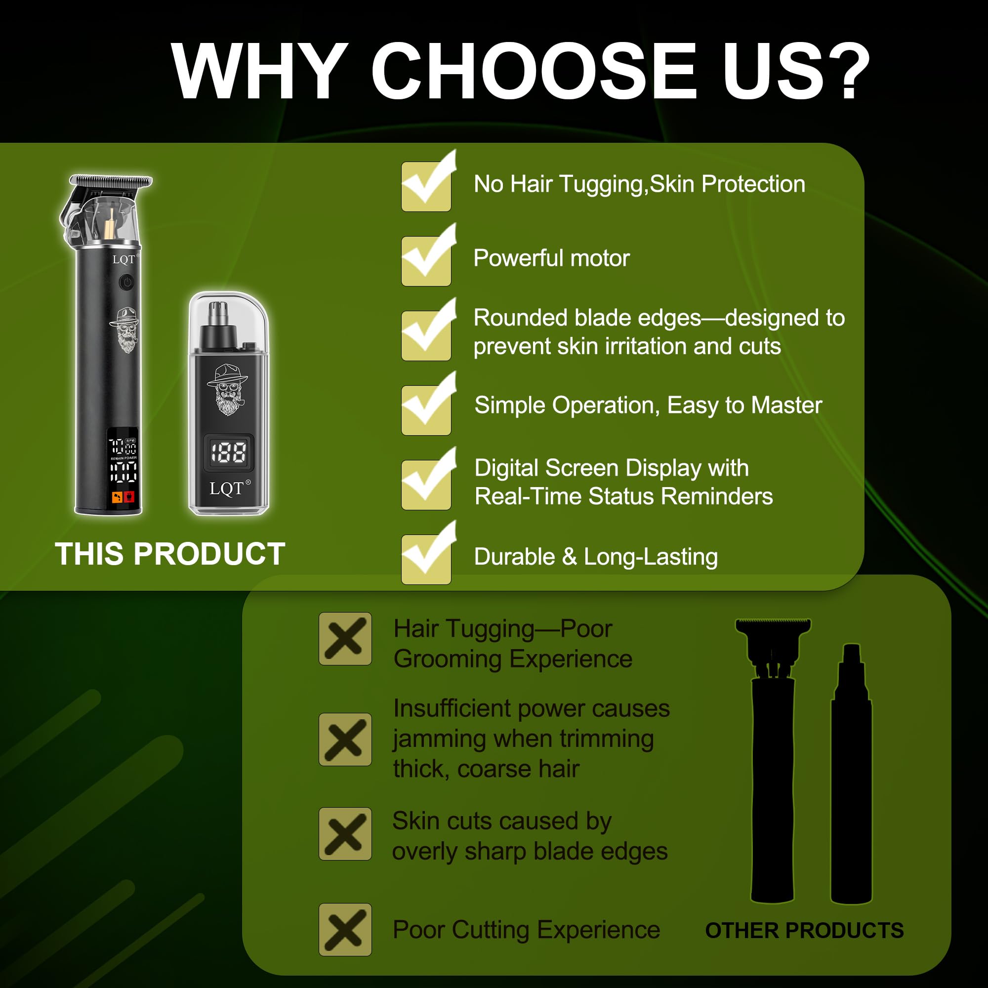 LQT Rechargeable Beard Trimmer kit for Mustaches, Nose Hair, and Light Detailing and Grooming with Bonus Wet/Dry Battery Nose Trimmer