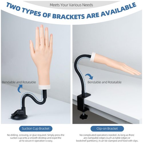 Practice Hand for Acrylic Nails, Flexible Bendable Fake Hand with Adjustable Stand, Nail Training Kit Mannequin Hand for Beginners & Nail Artists (Suction Cup Stand)