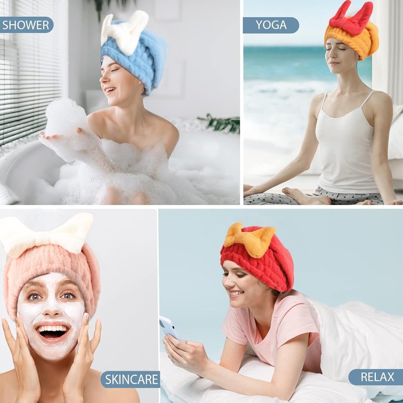 YUMINGUHC 2Pcs Ultra Absorbent Hair Quick Drying Towel for Women Girls New Microfiber Hair Towel Wrap Dry Turban Soft Bow Tie Plopping Head Towels Shower Cap for Kids (Pink+Blue)