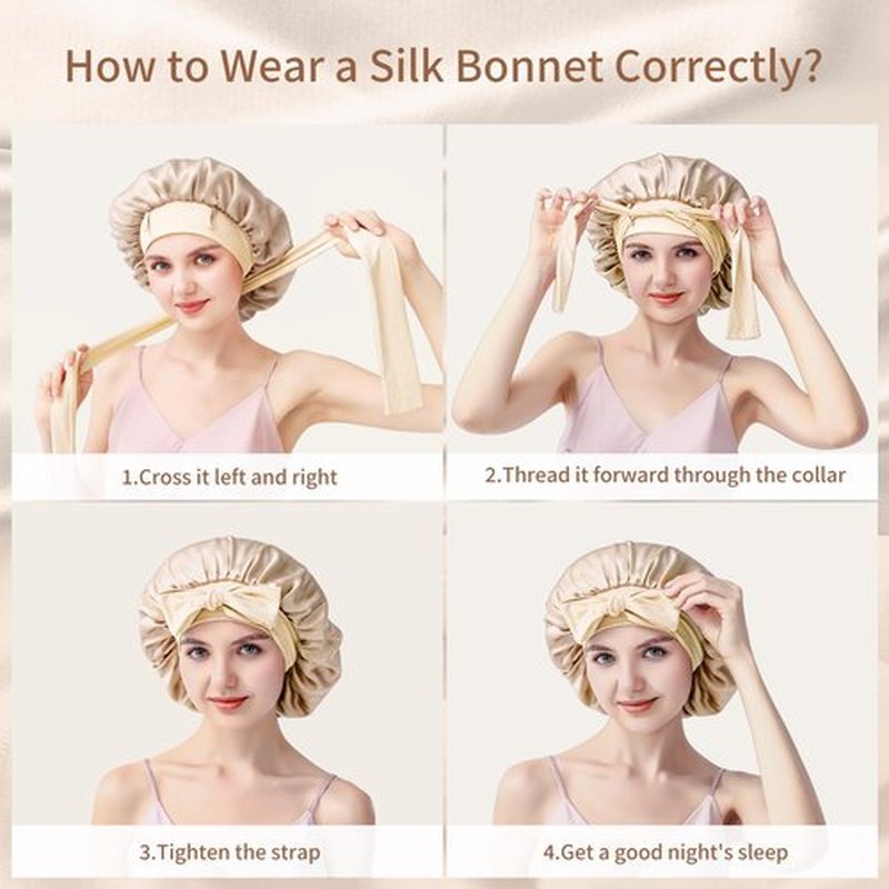 SILMANA Silk Bonnet for Sleeping Women, 22 Momme 100% Mulberry Silk Sleep Cap, Double-Layer Reversible Silk Hair Wrap for Women & Night Hair Care, Fits All Hair Types - Champagne