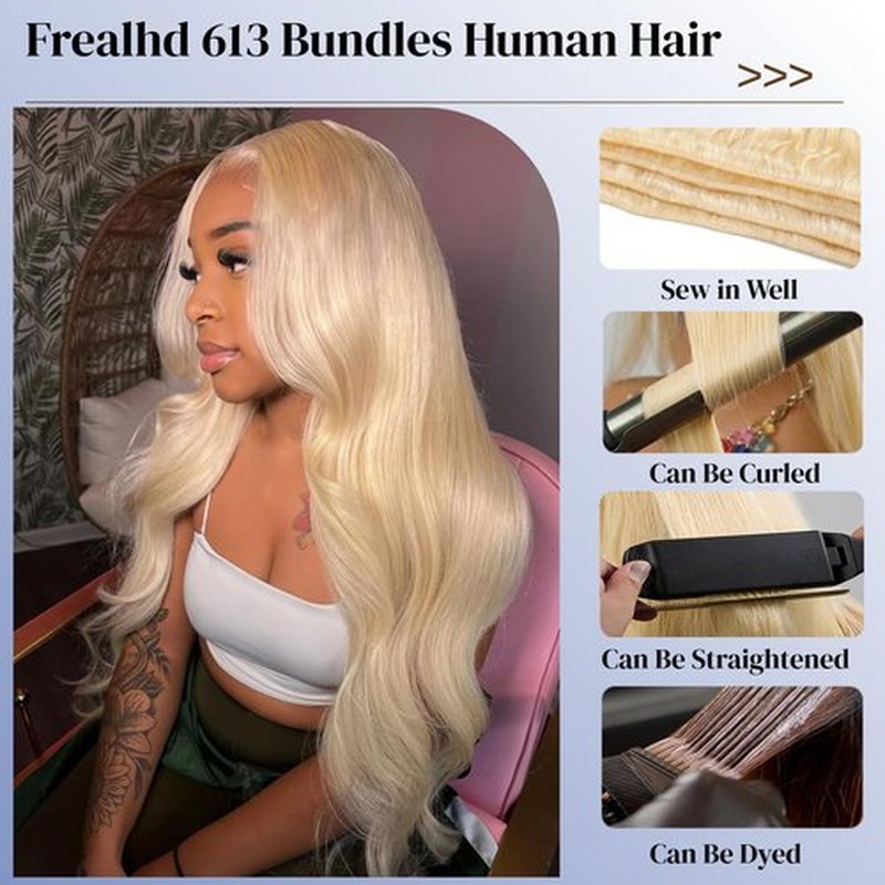613 Blonde Bundles Human Hair Body Wave 24 inch, 16A Quick Weave Bundles Human Hair Sew in Extensions 100% Real Human Hair No Synthetic Blend, Double Weft, Triple Lifespan 3X, Can Be Dyed