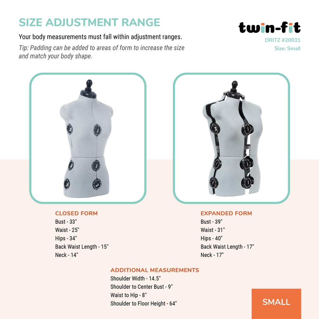 Dritz Twin-Fit Adjustable Dress Form - Small Sizes US 4-10 - Female Clothing Mannequin for Sewing, Fitting, and Draping - Pinnable Sewing Mannequin with 13 Dials for Fitting + 360 Hem Guide