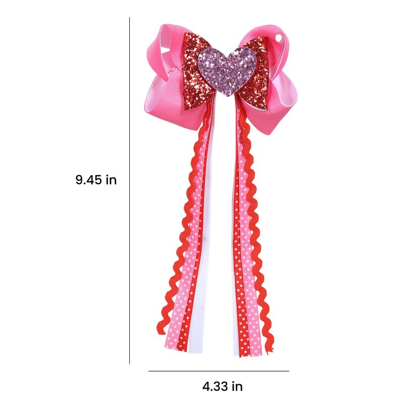 Valentine's Day Hair Bow Clips Sparkly Love Heart Glitter Hairpins Long Tails Grosgrain Ribbon Valentine Hair Accessories for Girls, Pink&Red
