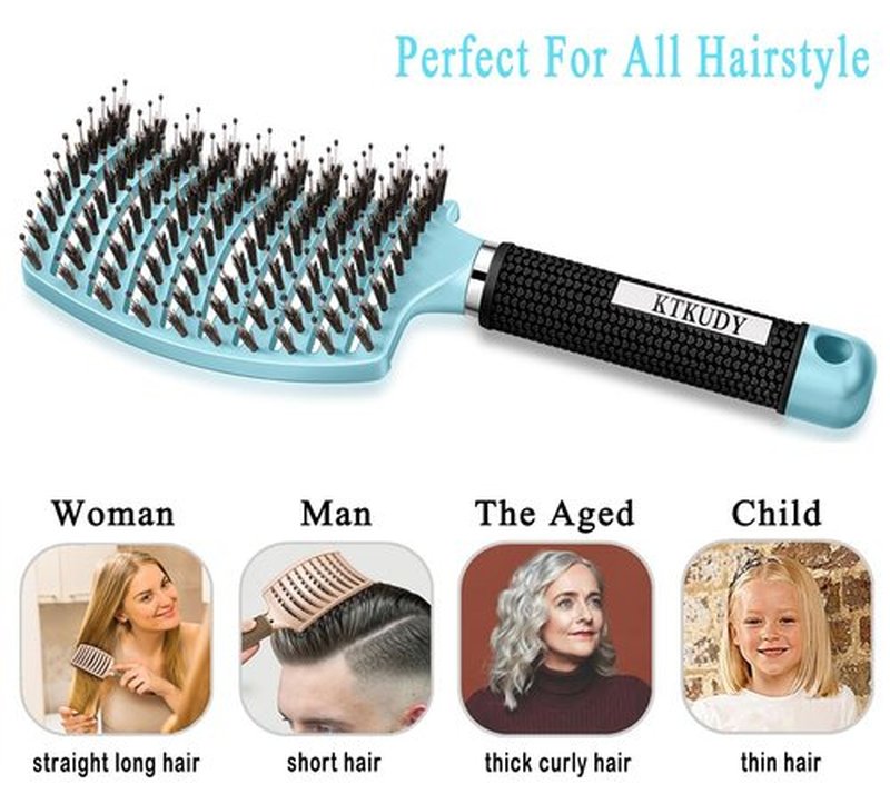 KTKUDY Detangling Brush Boar Bristles Hairbrush Make Hair Shiny & Healthier Curved and Vented Detangler Brush for Women Men Kids Wet and Dry Hair (light Blue)