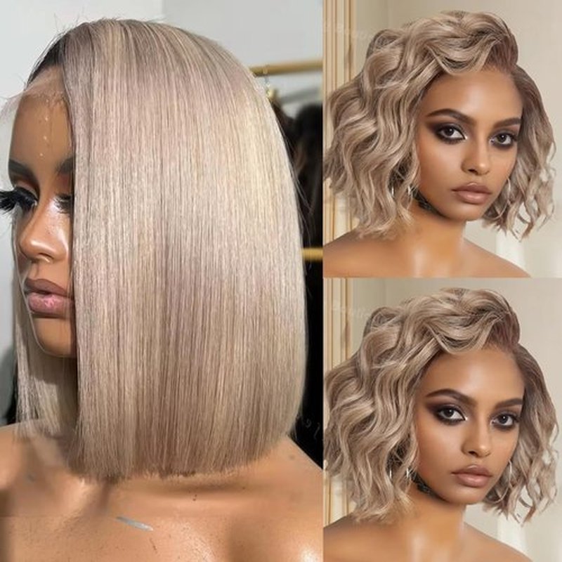 Munx Ash Blonde Bob Wigs Human Hair 180% Denstiy 13x6 HD Lace Frontal Human Hair Wig for Black Women Pre Plucked Straight Glueless Lace Front Short Bob Wigs 10 Inch