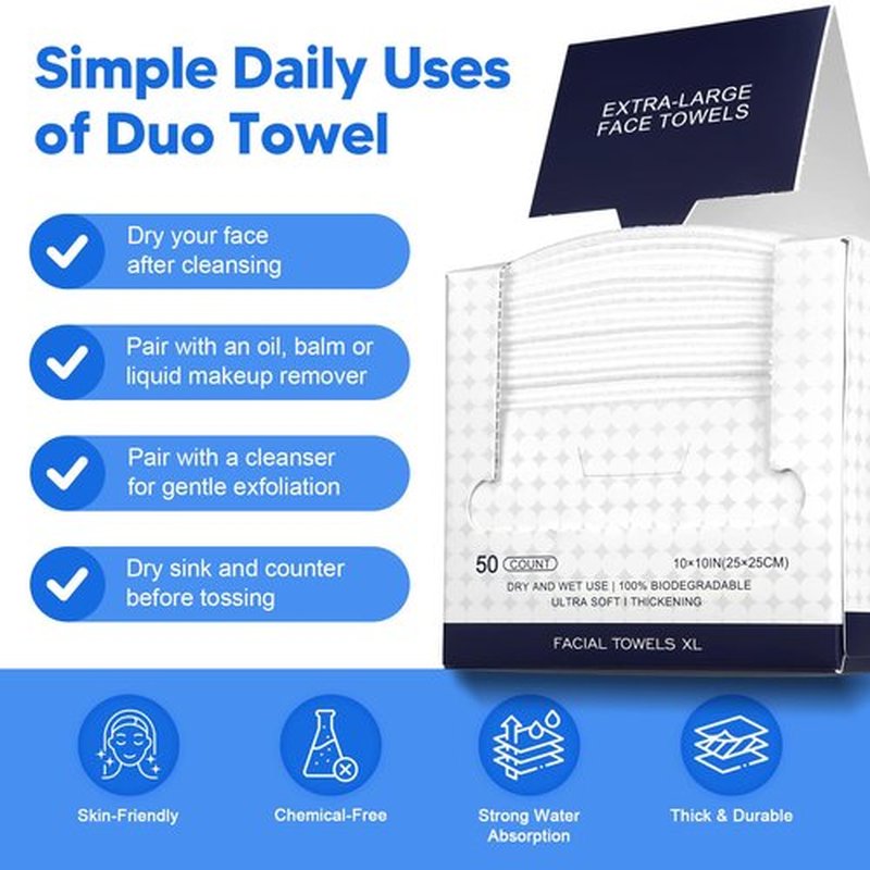 Disposable Face Towels, 50 Count Ultra Soft Biodegradable Facial Cleansing Cloths, Lint-Free Makeup Remover Cloth in Paper Box