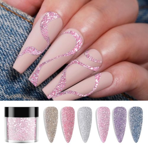 Furtherpretty Reflective Glitter for Nails, 6 Colors Sparkle Nail Powder Diamond Dust Glitter Silver Pink Purple Blue Sugar Dip Powder Shimmer Nail Pigment Set with Brush Nail Salon Supplies