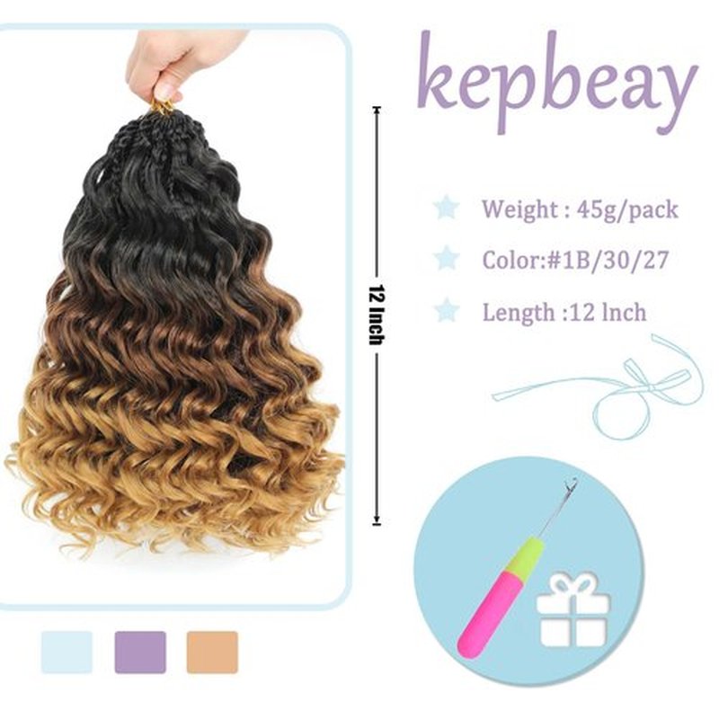 Pre-Looped Ocean Wave Crochet Braids Deep Wavy Crochet Hair Water Wave Braiding Hair Short Curly Pre Twisted Synthetic Boho Braids Short Curly Synthetic Braiding Hair (#1B/30/27, 12 Inch (Pack of 8))