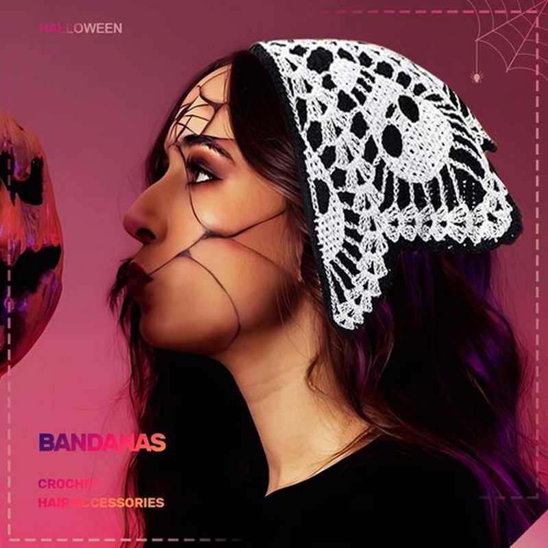 Acenail Halloween Headbands Black Skull Crochet Bandanas Headband Spider Web Triangle Hairband Gothic Head Scarf Tie Back Head Wraps Halloween Hair Accessories for Women 2Pcs (Black A, One Size)