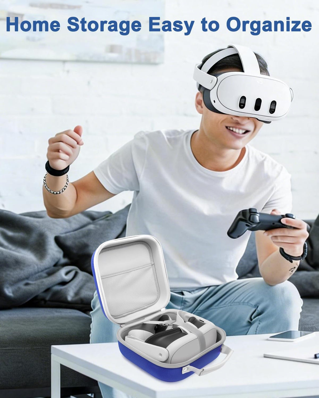 Krypthos Hard Carrying Case Compatible with Meta Quest 3S/Quest 3/Quest 2/Vision Pro, Portable VR Gaming Headset and Touch Controllers Case with Lens Protector, Suit for Travel and Home Storage (Blue)