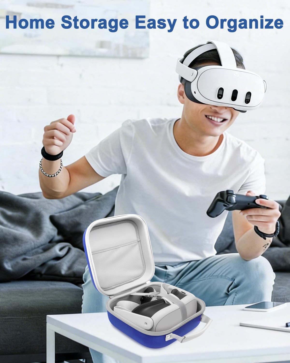 Krypthos Hard Carrying Case Compatible with Meta Quest 3S/Quest 3/Quest 2/Vision Pro, Portable VR Gaming Headset and Touch Controllers Case with Lens Protector, Suit for Travel and Home Storage (Blue)