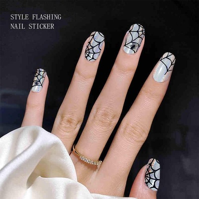 JMEOWIO Semi Cured Gel Nail Strips Halloween Gel Nail Stickers Nails Art Design Decoration Accessories