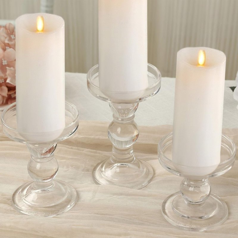 Efavormart Glass Pillar Candle Holders Set - Premium Clear Design with Round Tray | 3.5", 4.5", 5.5" Sizes