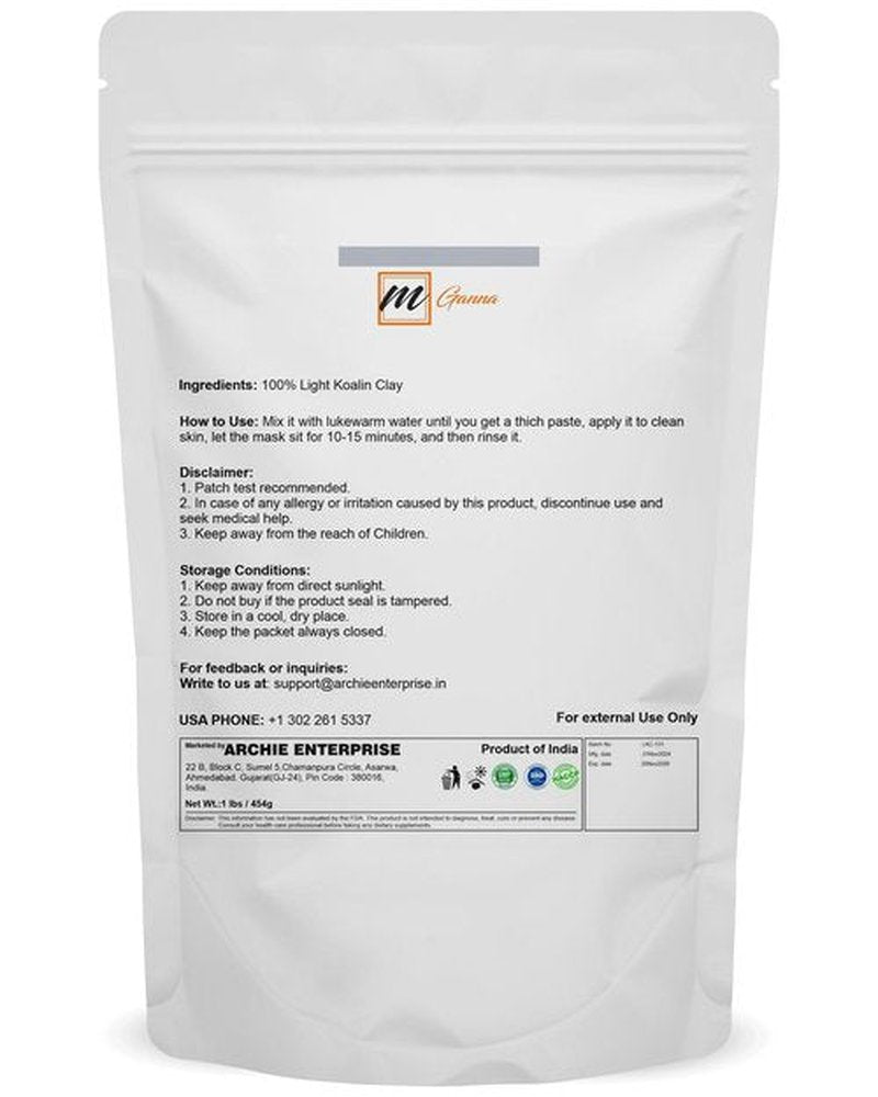 mGanna 100% Natural Light Kaolin Clay Powder (1 Pound) for Facial Masks, Creams, Face Masks, and Soap Making 1 LBS / 454 GMS