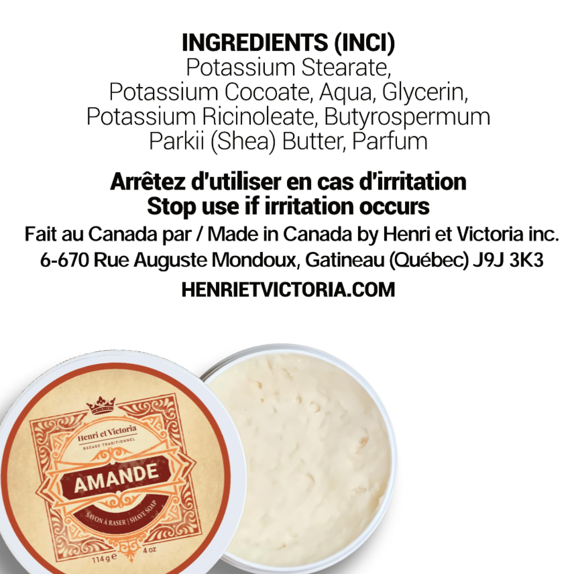 Henri et Victoria Traditional Shaving Soap For Men | Amande Fragrance | Smooth Shave, Lathers Up Nicely, Long-Lasting Scent | Canadian Made by Skilled Artisan 114 g (4 oz)