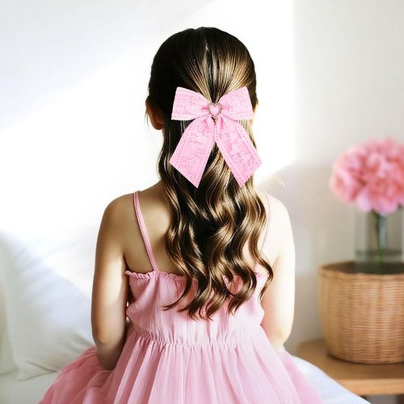 4 Pack Girls Hair Bow Clips - 2 Layer Lace & Grosgrain Hair Bows with Rhinestones | 3.5 Inch Non-Slip Alligator Clips Barrettes Hair Accessories for Braids, Pigtails, Weddings & Birthdays - Pink
