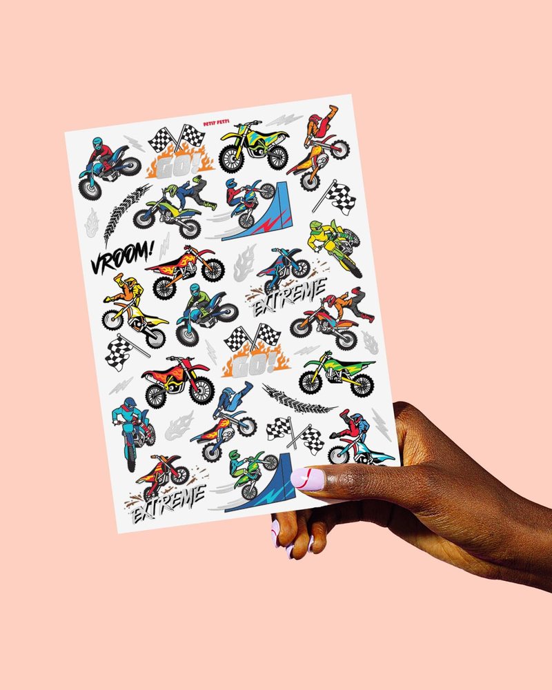 xo, Fetti Dirt Bike Temporary Tattoos Party Decorations - 48 Silver Foil | Birthday Party Decorations, Motocross Accessory, Motorcycle Theme Favor, Boys Bicycle Gift + Supplies, Checker Flag Décor